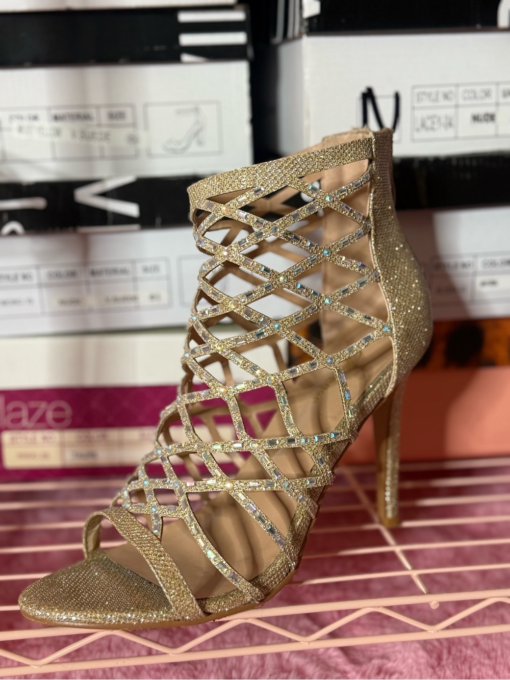 Women's Gold Strappy High Heel Sandal